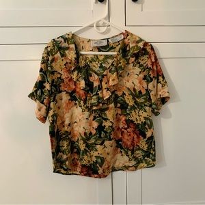 Vintage Just Class Rayon Floral Ruffle Shirt Size Small
